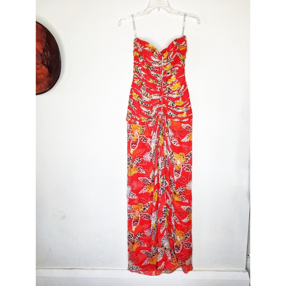 NWT Wayne Clark Couture Silk Chiffon Ruched Red Floral Halter Gown